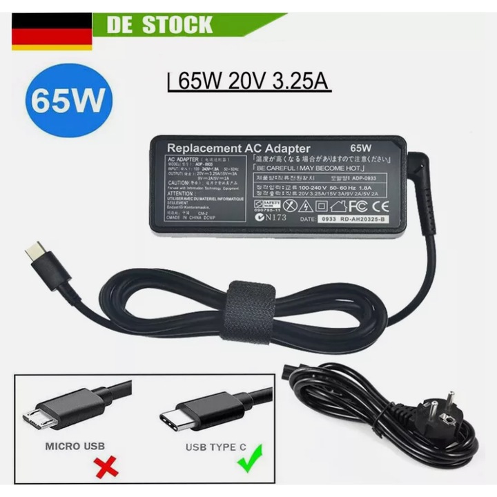 Laptop töltő 65W USB-C fekete 20x3.25A