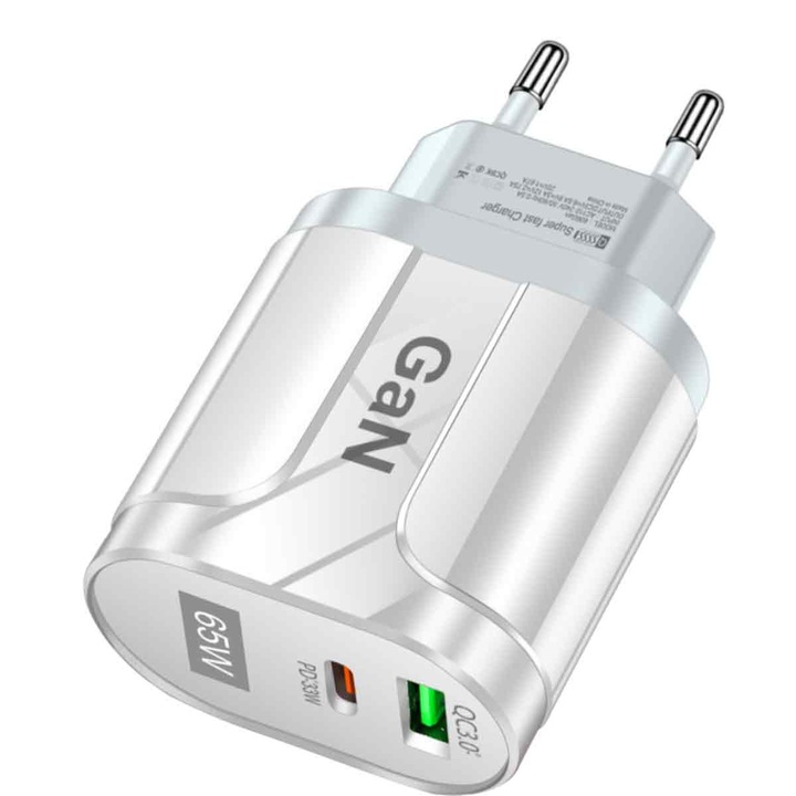 65W GaN gyors töltő, USB PD, kompakt, szürke