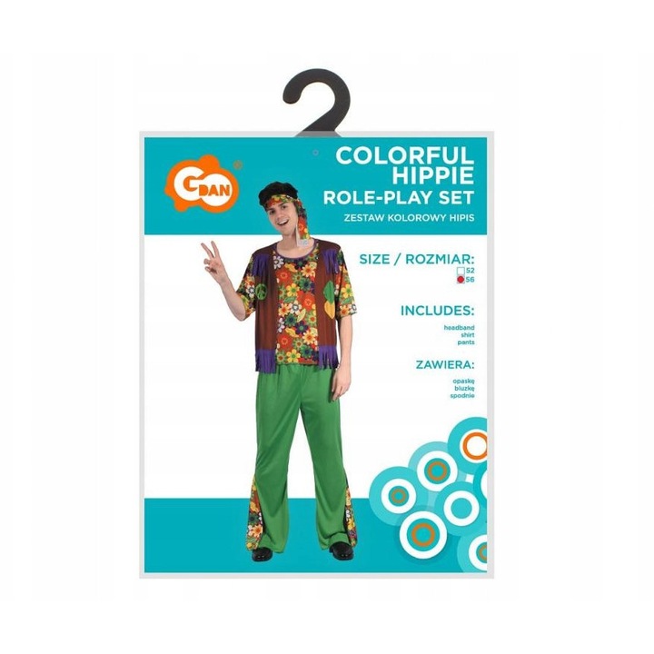 Costum hippie multicolor pentru adulți, Godan, set (bandana, bluză, pantaloni), mărimea 56