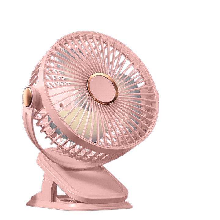 Többfunkciós ventilátor 6 hüvelykes csíptetővel, USB töltéssel, hordozható, három világítási szint, öt szélsebesség szint, több szögben forgatható, 205x176x152 mm, rózsaszín