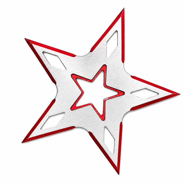 Stea Ninja Shuriken Metalica, 9 cm, Rozsdamentes Acél, Kivágott Csillag Minta, Ezüst/Piros, Gyűjteményhez és Dekorációhoz, Dalimag