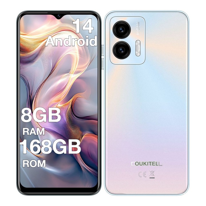 Мобилен телефон Oukitel C36, 8GB RAM+128GB ROM+разширяем до 1TB, 6,56 инча HD+ екран, осемядрен процесор, Android 14, 5150mAh, 5MP+13MP камера, 4G Dual SIM, лицево разпознаване и пръстов отпечатък, GPS, син