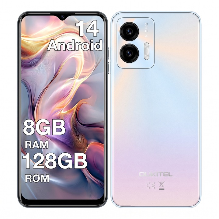 Telefon mobil Oukitel C36,8GB RAM+128GB ROM+extensibil pana la 1TB, ecran HD+ de 6,56 inci, procesor Octa-Core, Android 14,5150mAh, camera 5MP+13MP,4G Dual SIM, recunoastere faciala si amprenta, GPS, albastru