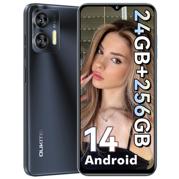 Мобилен телефон Oukitel C36, 24GB RAM+256GB ROM+разширяем до 1TB, 6,56 инча HD+ екран, осемядрен процесор, Android 14, 5150mAh, 5MP+13MP камера, 4G Dual SIM, лицево разпознаване и пръстов отпечатък, GPS, черен