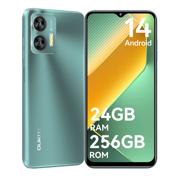 Мобилен телефон Oukitel C36, 24GB RAM+256GB ROM+разширяем до 1TB, 6,56 инча HD+ екран, осемядрен процесор, Android 14, 5150mAh, 5MP+13MP камера, 4G Dual SIM, лицево разпознаване и пръстов отпечатък, GPS, зелен