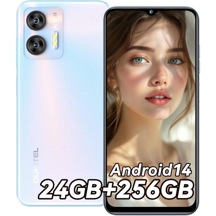 Мобилен телефон Oukitel C36, 24GB RAM+256GB ROM+разширяем до 1TB, 6,56 инча HD+ екран, осемядрен процесор, Android 14, 5150mAh, 5MP+13MP камера, 4G Dual SIM, лицево разпознаване и пръстов отпечатък, GPS, син