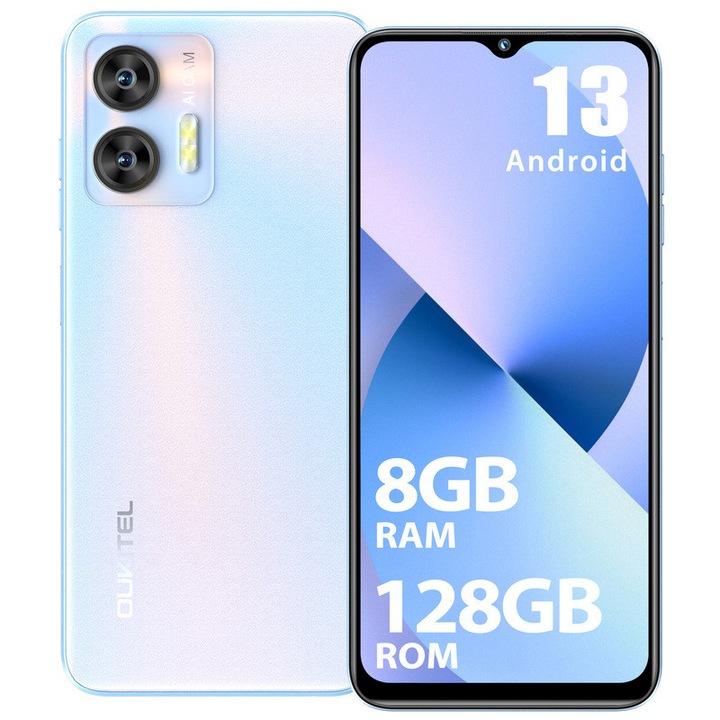 Мобилен телефон Oukitel C36, 128GB, 6.56" HD+ 90Hz екран, Android 13, 5150mAh батерия, 13MP камера, 4G Dual SIM смартфон, осемядрен/Face ID/пръстов отпечатък/OTG/GPS, светлосин