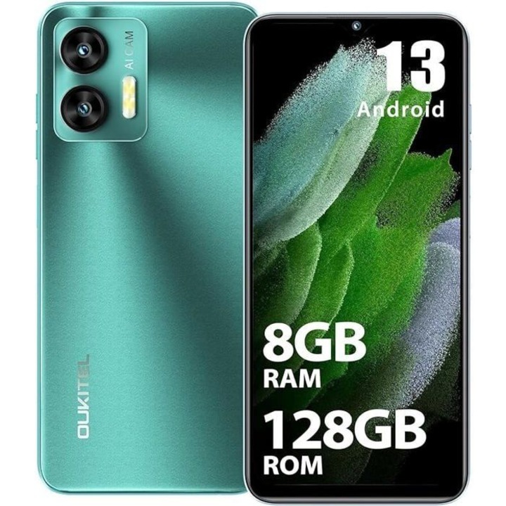 Oukitel C36 mobiltelefon, 128GB, 6.56"HD+90Hz kijelző, Android 13 mobil, 5150mAh akkumulátor, 13MP kamera okostelefon 4G Dual SIM, Octa-Core/Arcfelismerés/Ujjlenyomat/OTG/GPS, Sötétzöld