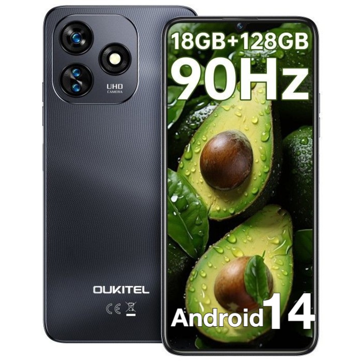 Мобилен телефон Oukitel C51, 6,8-инчов HD екран + 90Hz, 18GB + 128GB/TF 1TB, смартфон Android 14, 5150mAh, 13MP + 5MP, три слота, лицево разпознаване/пръстов отпечатък, BT5.0, GPS, черен
