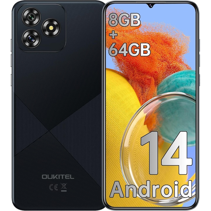 Oukitel C53 mobiltelefon, 6.6" HD kijelző, Android 14, 8GB+64GB/1TB, Unisoc SC9863A Octa Core, 13MP+5MP, 4300mAh, Dual SIM 4G, Face ID/GPS, fekete