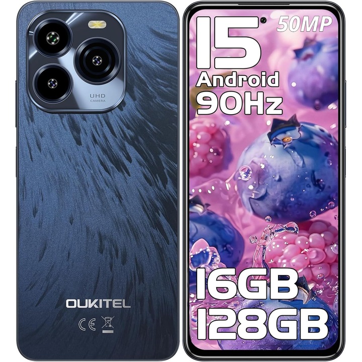 Oukitel C65 mobiltelefon, 6,7" kijelző, 90Hz, 16GB+128GB/1TB, 50MP, Android 15, 5150mAh, Dual SIM 4G mobiltelefon, 3 kártyahely, GPS, ujjlenyomat-érzékelő, 3,5 mm jack, BT5.0, kék