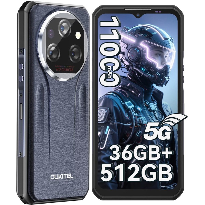 Oukitel WP39 PRO strapabíró telefon, 36GB+512GB/2TB, 6.6'' FHD+2.4K kijelző, 64MP+32MP, 11000mAh (33W), Dual SIM 5G, Android 14, MediaTek Dimensity 6100, Face ID/ujjlenyomat feloldás, NFC/GPS/IP68/IP69K, szürke
