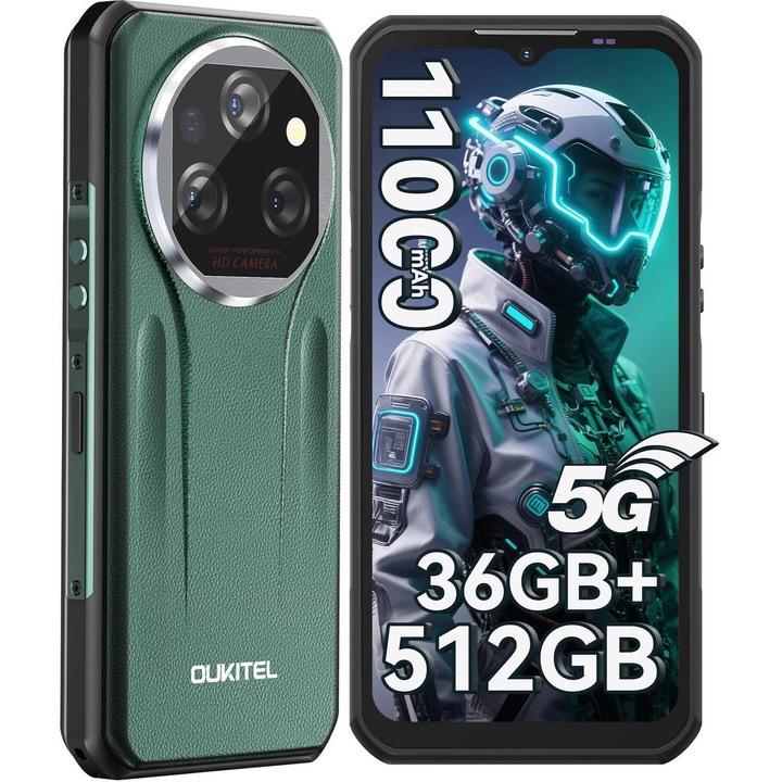 Robusztus telefon Oukitel WP39 PRO, 36GB+512GB/2TB, 6.6'' FHD+2.4K kijelző, 64MP+32MP, 11000mAh (33W), Dual SIM 5G, Android 14, MediaTek Dimensity 6100, Face ID/ujjlenyomat feloldás, NFC/GPS/IP68/IP69K, zöld