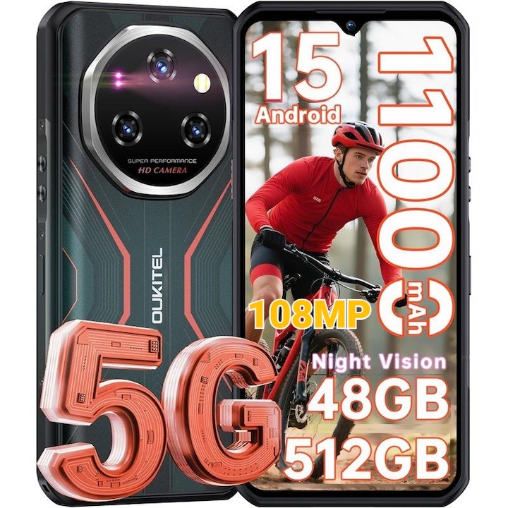 Здрав телефон Oukitel WP55 PRO, 48GB+512GB/TF 2TB, 11000mAh (33W), Sony 108MP+32MP Камера, 6.6" FHD+120HZ Екран, Dual SIM Android 15.5G Телефон, Octa-core MTK Dimensity 7025, NFC/GPS/OTG/IP68/IP69K, оранжев цвят