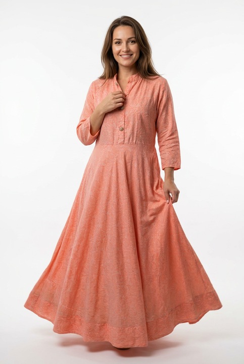 Hosszú elegáns ruha, pamut, lazacrózsaszín, M/L méret