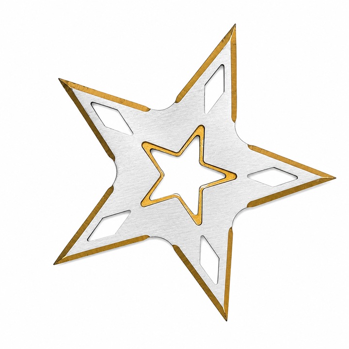 Stea Ninja Shuriken Metalica, 9 cm, Rozsdamentes Acél, Kivágott Csillag Mintával, Ezüst/Sárga, Gyűjteménybe és Dekorációnak, Dalimag