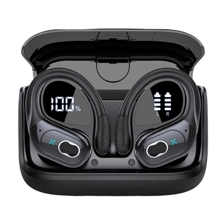 Casti wireless sport, Bluetooth 5.3, negru, 7-8h, IP5, 10mm, 480mAh, Type-C