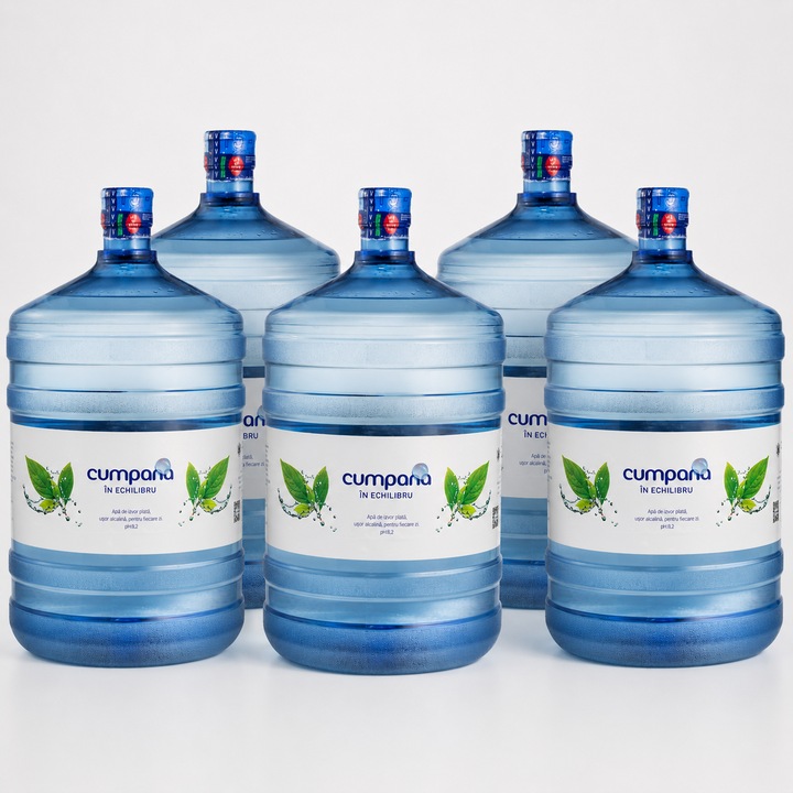 Apa de izvor plata Cumpana, pachet 5 bidoane x 19 L, pH peste 8, microbiologic pura, fara clor si conservanti, necesita 5 ambalaje reutilizabile la schimb, 95 L