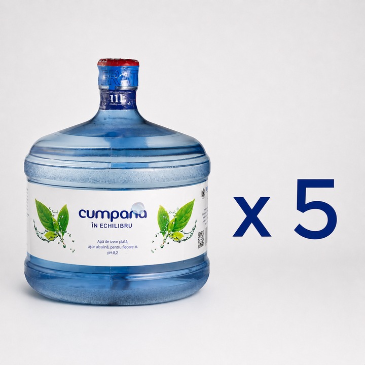 Apa de izvor plata Cumpana, pachet 5 bidoane x 11 L, pH peste 8, microbiologic pura, fara clor si conservanti, necesita 5 ambalaje reutilizabile la schimb, 55 L