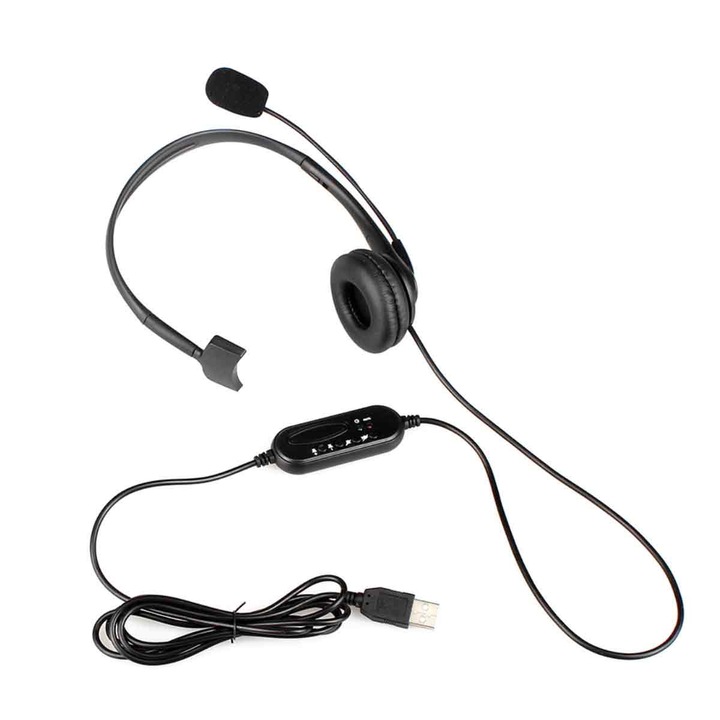 Бизнес USB слушалки, HD микрофон, шумопотискане, за едно ухо, черни, дълъг кабел