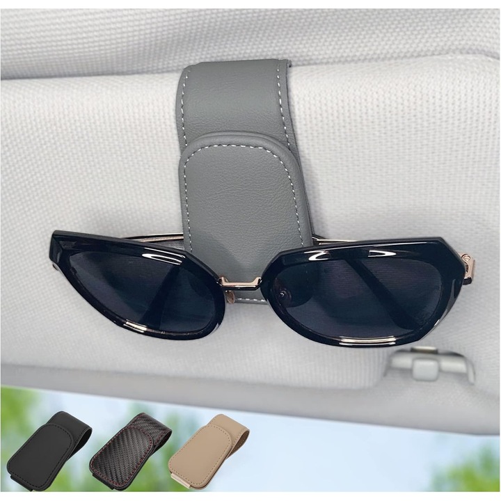 Suport magnetic auto din piele pentru ochelari de soare, clema pentru viziera auto, accesorii interioare auto, potrivit pentru diferite dimensiuni de ochelari (gri)