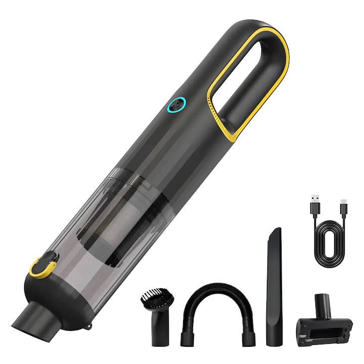 Aspirator Auto Portabil HP1000 HAKOPRO by ONVI®, Aspirator Fara Fir, USB Type-C, Putere Aspirare 20kPa, Motor 130000 RPM, Acumulator 7500mAh, 4 Duze Incluse, Filtru Reutilizabil, Negru