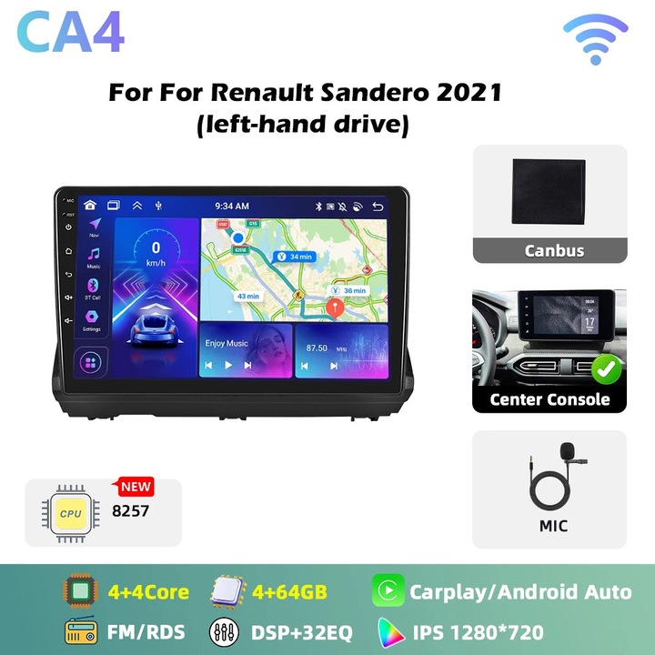 Автомобилно радио Android за Renault Sandero 2021, 2-DIN CA4, 25,4 см тъчскрийн, 6 GB RAM 128 GB ROM, CarPlay Android Auto, GPS FM