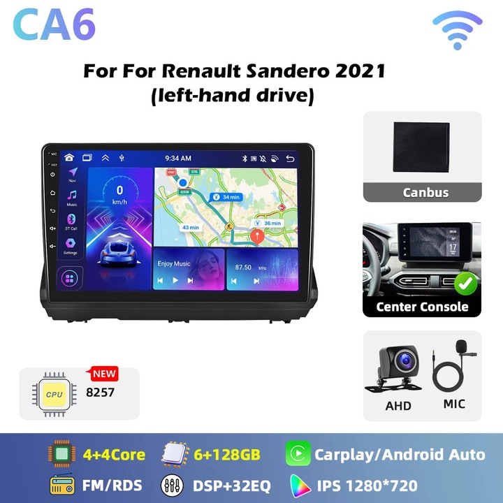 Авторадио Android за Renault Sandero 2021, 2 DIN, 25,4 см тъчскрийн, осемядрен процесор, 6GB RAM 128GB ROM, CarPlay Android Auto, CA6 AHD