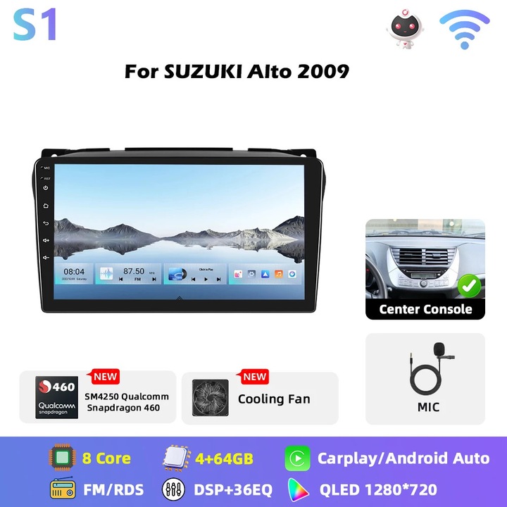 Rádió autó Android Suzuki Alto 2009-hez, 2 DIN 23 cm érintőképernyő, 6GB RAM 128GB ROM, GPS WiFi RDS, CarPlay Android Auto, S1