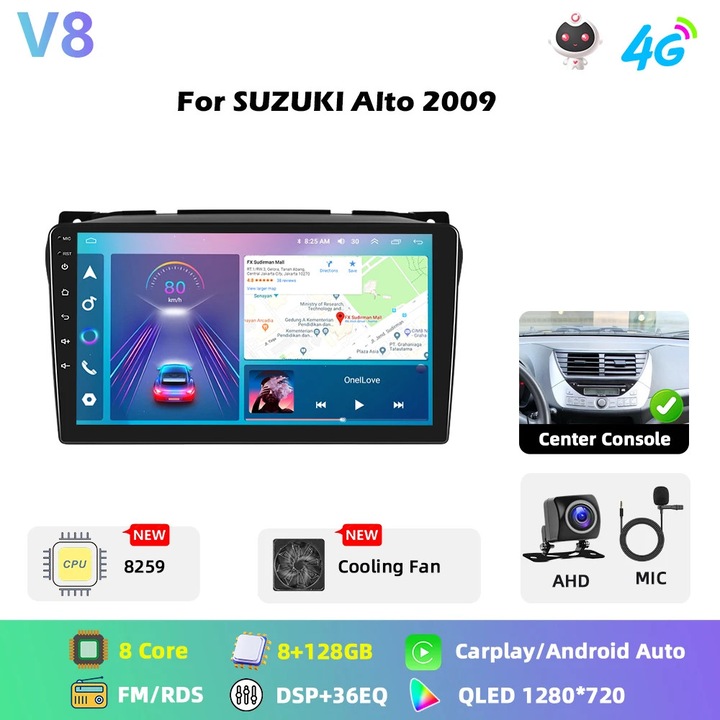 Rádió autó Suzuki Alto 2009, Android 2DIN 23 cm képernyő, 8 magos Snapdragon 460, 6GB RAM 128GB ROM, CarPlay Android Auto, GPS WiFi AHD, V8 AHD