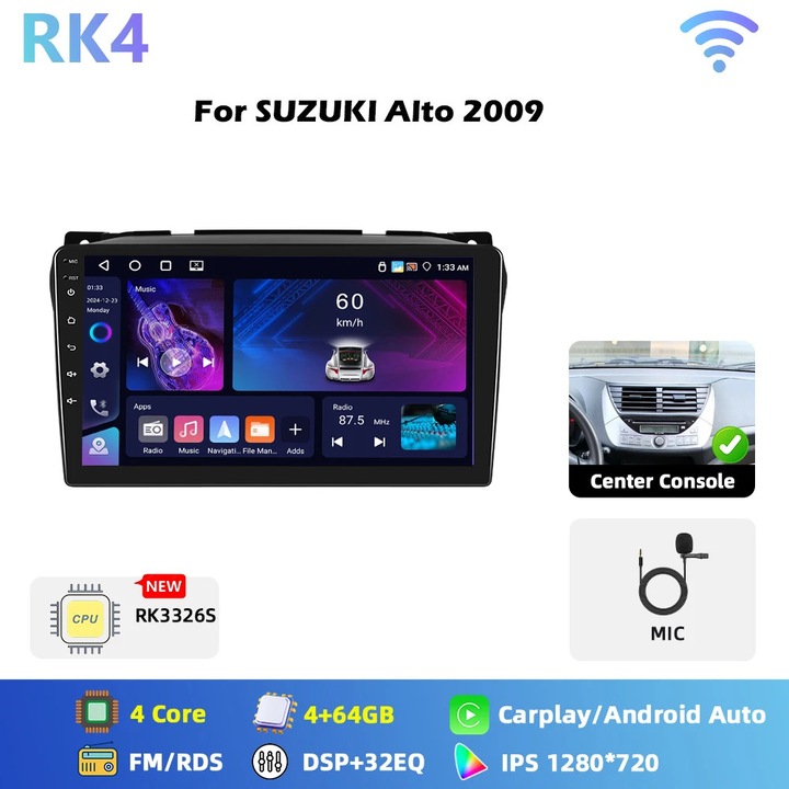 Autórádió Android 22,9 cm, 2 DIN multimédia RK4, 8 magos processzor, GPS navigáció, WiFi FM RDS, 6 GB RAM 128 GB ROM, kompatibilis Alto 2009