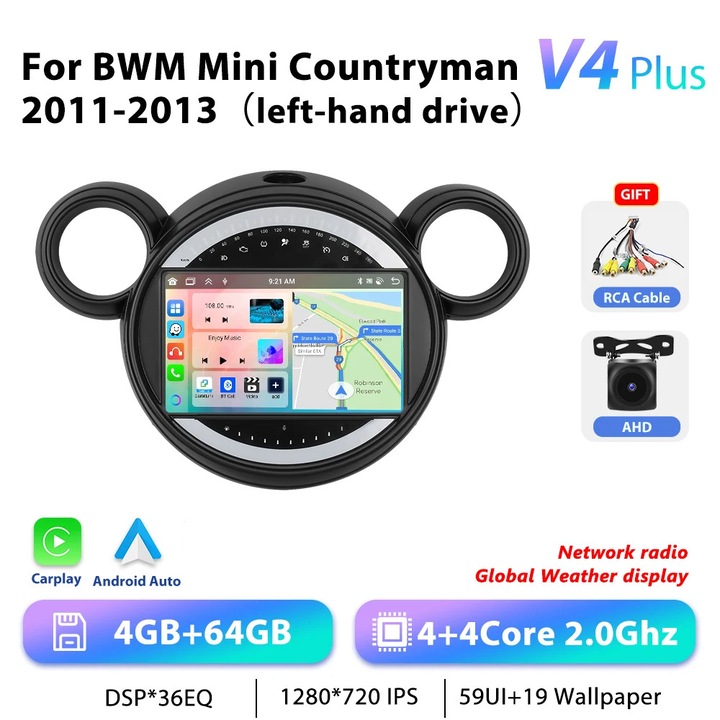 Autorádió Android 13, 2DIN multimédia rendszer GPS-szel, 9" 22,9 cm érintőképernyő, 4G LTE, 4GB RAM 64GB ROM 2,0 GHz, Mini Cooper Countryman 2011-2013-hoz