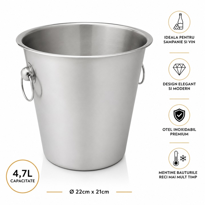 VARENTIS™ Prémium Matt Ezüst Rozsdamentes Acél Frapiera 4.7L Fogantyúkkal, Jégvödör, Borhoz, Pezsgőhöz és Hideg Italokhoz, Ø22.5 x 21 cm