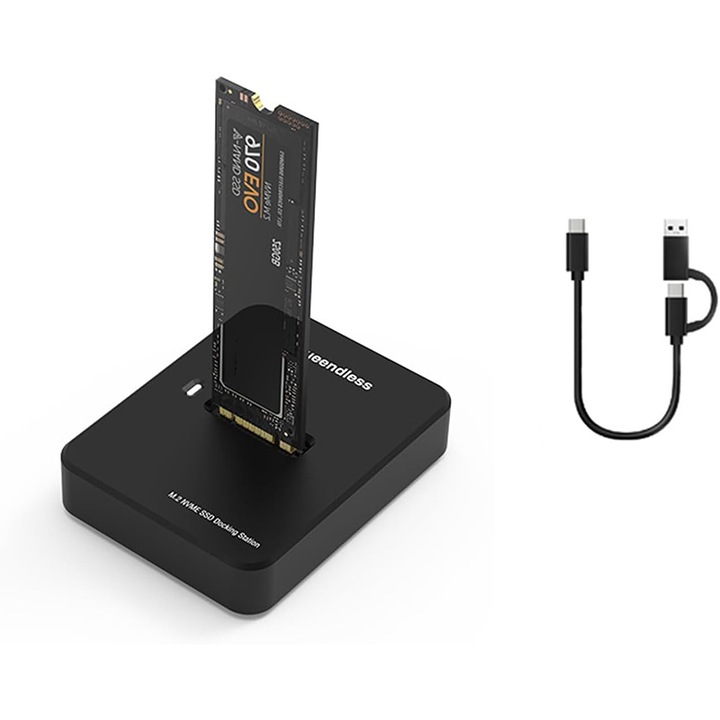 Duueyct 69--Disk-Base-1 M.2 NVMe dokkolóállomás, alumínium ház hűtőbordával, USB-C 10Gbps (USB-A adapter mellékelve), M.2 NVMe SSD-hez, fekete