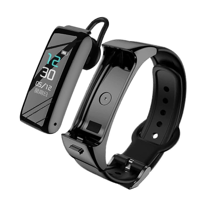 Bratara fitness 2 in 1 Bluetooth cu casca, monitorizare ritm cardiac, negru, B6