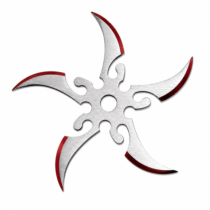 Stea Ninja Shuriken Metalica, 9 cm, Rozsdamentes Acél, Ívelt Modell, Ezüst/Piros, Gyűjteményhez és Dekorációhoz, Dalimag