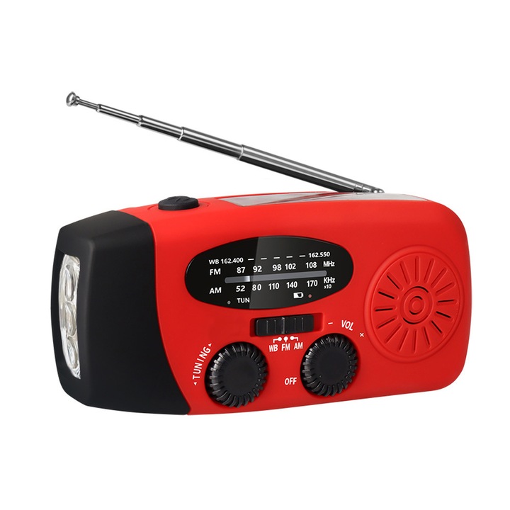 Hordozható rádió kempingezéshez, Aiorber, 3 LED-es lámpa, vészhelyzeti rádió, kézi hajtókaros, USB és napelemes töltés, 5 antenna, AM/FM/WB, piros