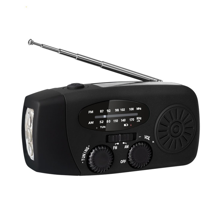 Hordozható rádió kempingezéshez, Aiorber, 3 LED-es lámpa, vészhelyzeti rádió, kézi hajtókaros, USB és napelemes töltés, 5 antenna, AM/FM/WB, fekete