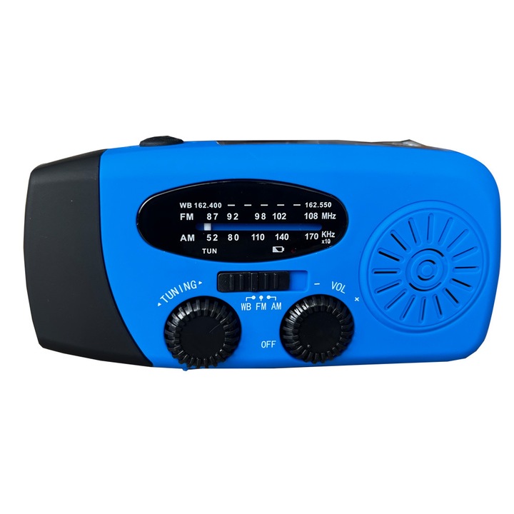 Hordozható rádió kempingezéshez, Aiorber, 3 LED-es zseblámpa, vészhelyzeti rádió, kézi hajtókaros, USB és napelemes töltés, 5 antenna, AM/FM/WB, kék