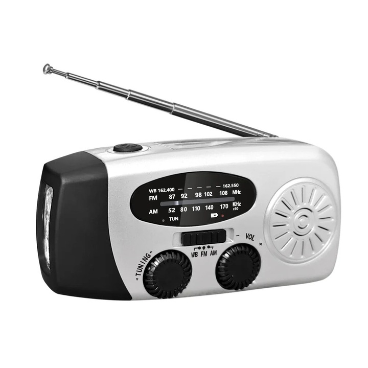 Hordozható rádió kempingezéshez, Aiorber, 3 LED-es lámpa, vészhelyzeti rádió, kézi hajtókaros, USB és napelemes töltés, 5 antenna, AM/FM/WB, ezüst