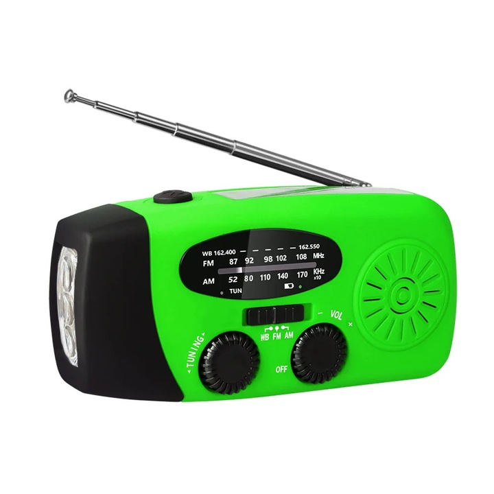 Hordozható rádió kempingezéshez, Aiorber, 3 LED-es zseblámpa, vészhelyzeti rádió, kézi hajtókaros, USB és napelemes töltés, 5 antenna, AM/FM/WB, zöld