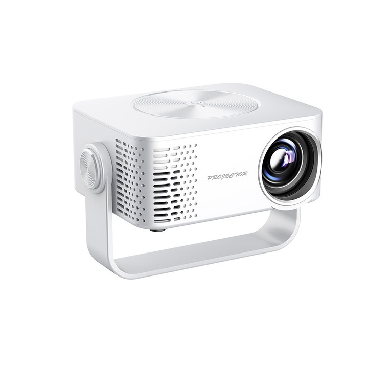 Hordozható projektor, Bytelike, kompakt projektor, 60 ANSI lumen, 1080P, autofókusz, kétsávos WiFi (2,4 GHz + 5 GHz), Hi-Fi hang, fehér
