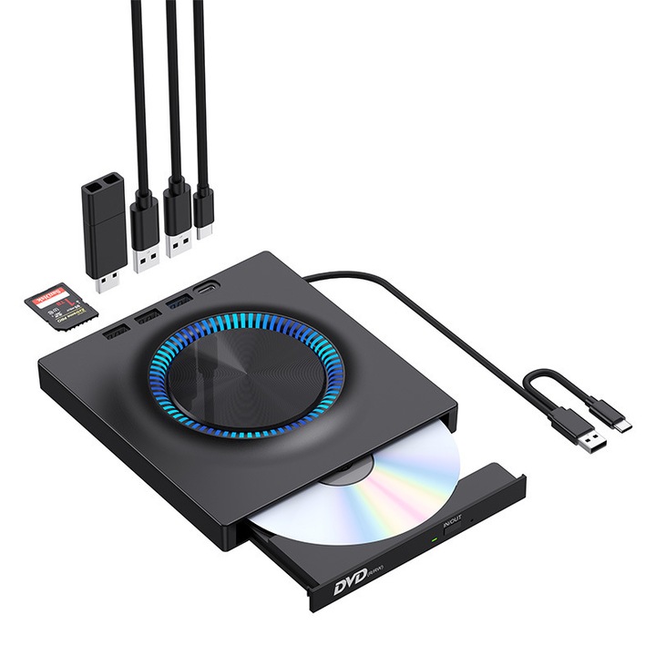 Külső DVD író, Bytelike, CD/DVD/BD, USB 3.0, integrált olvasás és írás, több eszköz egyidejű működésének támogatása, nagy sebességű írás, fekete