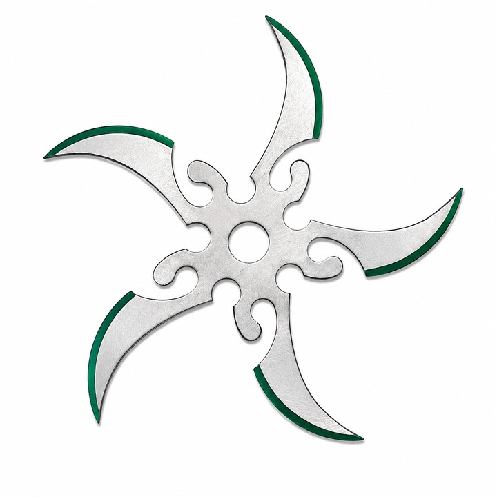 Stea Ninja Shuriken Metalica, 9 cm, Rozsdamentes Acél, Ívelt Modell, Ezüst/Zöld, Gyűjteményhez és Dekorációhoz, Dalimag