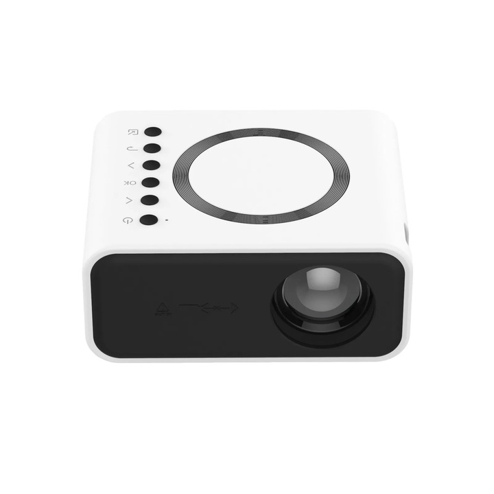 LED мини проектор, T4, Преносим и безжичен, Изображение до 254 см, USB порт, ЕС адаптер и стойка, Бял