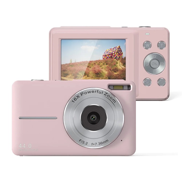 Camera digitala, Camera compacta pentru copii, 44 MP, video 1080p, zoom digital 16x, ecran LCD 6, 1 cm, senzor 1, 06 cm, Roz