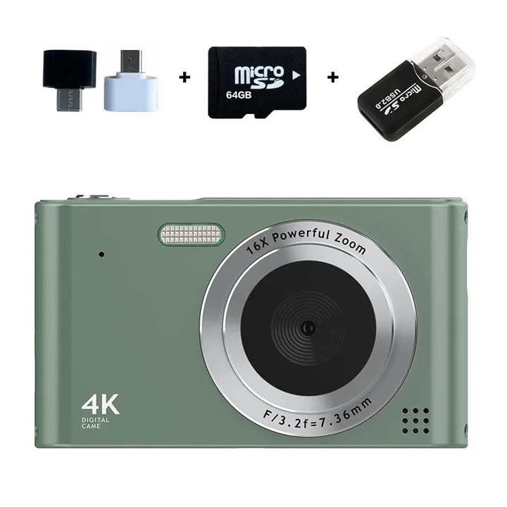 Aparat foto retro, camera digitala pentru copii, senzor CCD, 64 GB stocare, zoom 16x, ecran 6, 1 cm, HD, filtre vintage, Verde