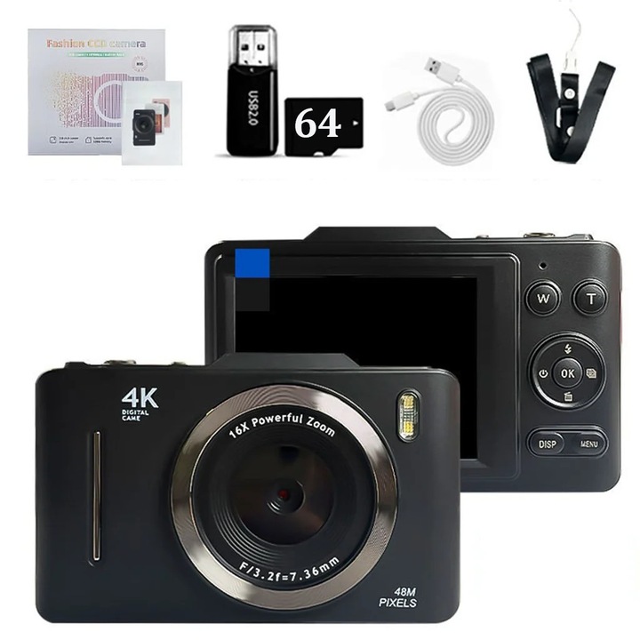 Aparat foto digital, Camera pentru copii 4K CCD, Ecran 7, 1 cm, Compacta si usoara, Pentru copii si studenti, Negru