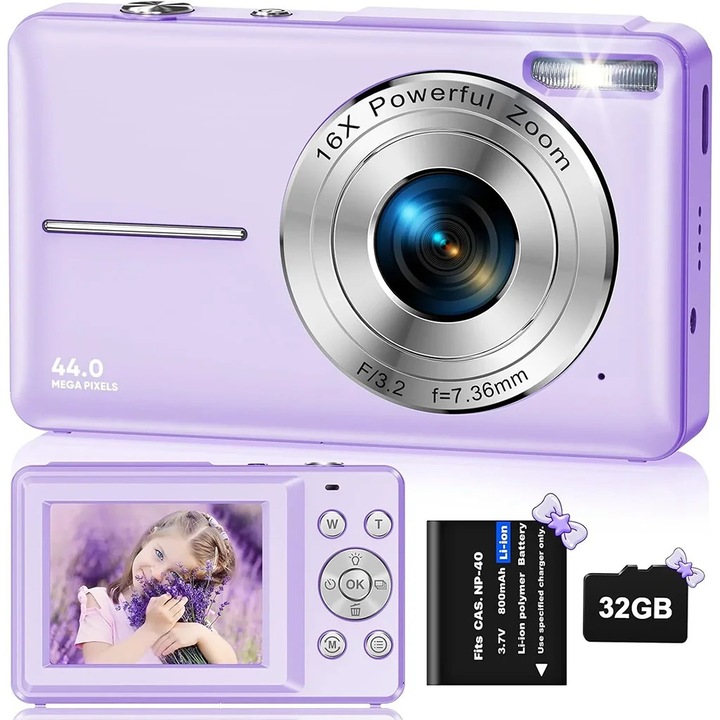 Camera pentru copii, Camera digitala compacta, 1080p video, 44 MP, Zoom digital 16x, Ecran 6, 1 cm, Card 32 GB inclus, Mov