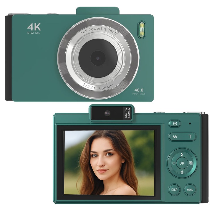 Camera digitala retro, Aparat compact, 48 MP obiectiv dual, Ecran IPS 7, 1 cm, Zoom 16x, Autofocus, USB OTG si suport card SD, 64 GB, Verde